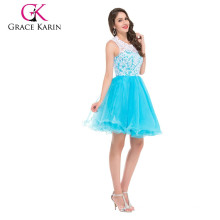 Grace Karin New Design Lace mangas curto vestido de baile azul CL6123-1 #